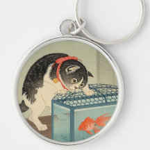 猫と金魚, gato y Goldfish, Koson, Ukiyo-e del 古邨 Llaveros