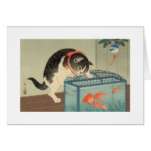 猫と金魚, gato y Goldfish, Koson, Ukiyo-e del 古邨 Felicitaciones