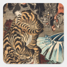 龍虎, tigre y dragón, Kuniyoshi, Ukiyo-e del 国芳 Calcomania Cuadrada Personalizada