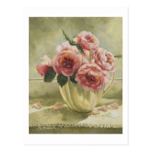 0437 rosas ingleses rosados en postal de la jarra