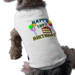1r cumpleaños feliz con la torta, los globos y la  ropa para mascota