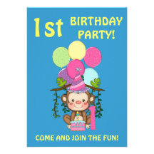 1r Mono Fiesta-Lindo del cumpleaños+Globos colorid Invitación