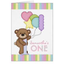 1r Rayas y globos del arco iris del oso del cumple tarjetas