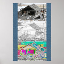 3 vistas de una cabaña vieja poster