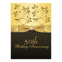50.o Oro del aniversario y floral negro Jewelled Invitación Personalizada
