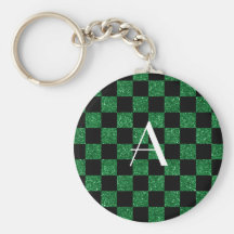 A cuadros verde y negro del brillo del monograma llavero personalizado