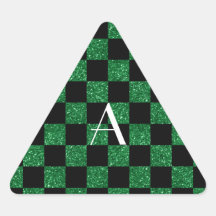 A cuadros verde y negro del brillo del monograma calcomanías triangulos personalizadas