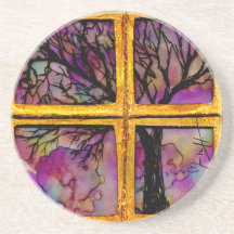 A través de mi ventana - árbol en fondo rosado posavasos manualidades