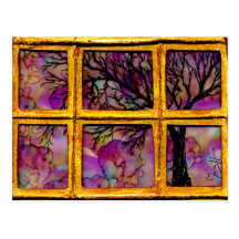 A través de mi ventana - árbol en fondo rosado postal