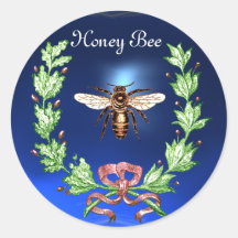ABEJA DE LA MIEL, GUIRNALDA CON LAS HOJAS DEL ROBL PEGATINA REDONDA