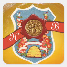 ABEJA DE LA MIEL, MONOGRAMA ROJO DEL ESCUDO DEL SE CALCOMANIA CUADRADAS PERSONALIZADA