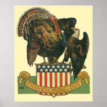 Acción de gracias Turquía, Eagle, bandera del vint Poster