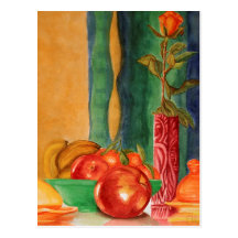 acuarela color de rosa y todavía de las frutas de  postales