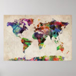 Acuarela urbana del mapa del mundo posters