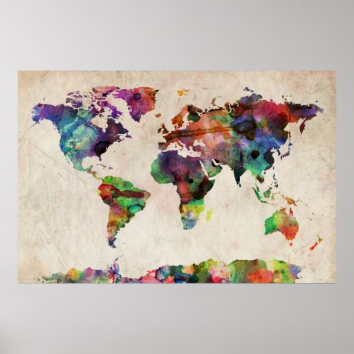 Acuarela urbana del mapa del mundo posters
