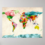 Acuarelas del mapa del mundo poster