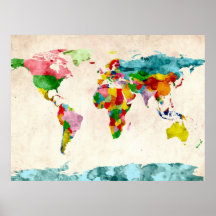 Acuarelas del mapa del mundo poster