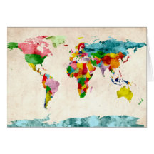 Acuarelas del mapa del mundo tarjetón