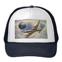 Aeroplano del vintage que vuela en todo el mundo e gorras de camionero