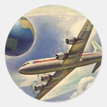 Aeroplano del vintage que vuela en todo el mundo e pegatinas redondas