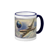 Aeroplano del vintage que vuela en todo el mundo e tazas de café