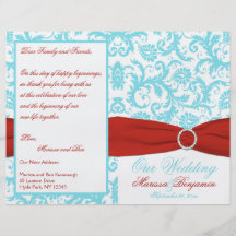 Aguamarina, blanco, y programa rojo del boda del d tarjetón