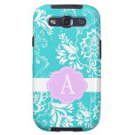Aguamarina elegante azul y monograma floral púrpur galaxy SIII funda