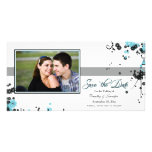 Aguamarina elegante + las flores negras ahorran la tarjetas personales con fotos