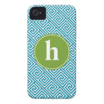 Aguamarina y monograma griego del modelo dominante iPhone 4 Case-Mate coberturas