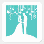 Aguamarina y siluetas blancas del boda de novia y  calcomanías cuadradas personalizadas