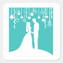 Aguamarina y siluetas blancas del boda de novia y  calcomanías cuadradas personalizadas