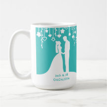 Aguamarina y siluetas blancas del boda de novia y  taza de café