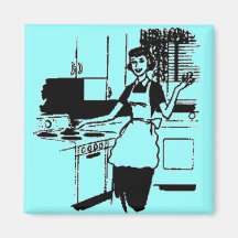 Ama de casa retra 50s de la turquesa en la cocina iman de nevera