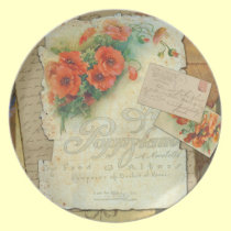 Amapolas y placa antigua de la partitura platos