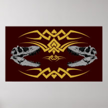 Amarillo tribal de los cráneos de T-Rex Poster