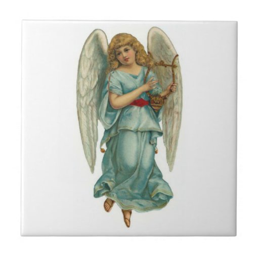 Ángel con alas y arpa teja  ceramica