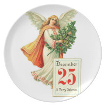 Ángel en la placa del tiempo del navidad platos de comidas