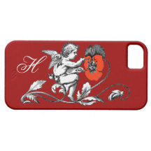 ÁNGEL QUE PINTA una FLOR ROJA, MONOGRAMA, rojo iPhone 5 Protectores