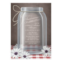 Aniversario rojo de la guinga del tarro de albañil invitaciones personalizada