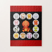 Año chino del cuadrado del dragón rojo y negro puzzle con fotos