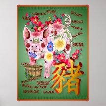Año del cerdo en poster de las flores