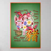 Año del cerdo en poster de las flores