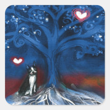 Árbol de los corazones del amor de la noche de Bos Calcomanias Cuadradas