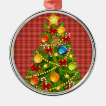 Árbol de navidad y tela escocesa roja adornos
