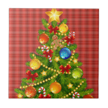 Árbol de navidad y tela escocesa roja teja cerámica