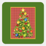 Árbol de navidad y tela escocesa roja etiquetas  