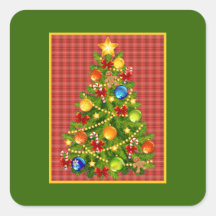 Árbol de navidad y tela escocesa roja etiquetas  