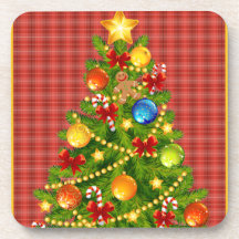 Árbol de navidad y tela escocesa roja posavaso