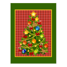 Árbol de navidad y tela escocesa roja postal