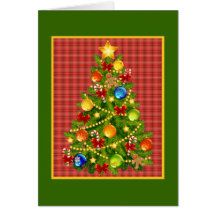 Árbol de navidad y tela escocesa roja felicitacion 
